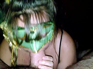 Milf in green mask teases thick cock with licks and sucks