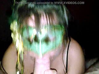 Milf in green mask teases thick cock with licks and sucks