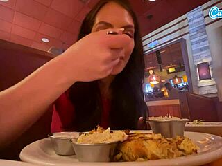 Cumming in public with interactive toy at lunch.