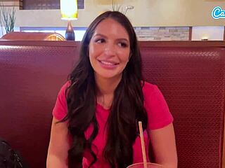 Cumming in public with interactive toy at lunch.