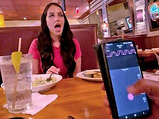 Cumming in public with interactive toy at lunch.