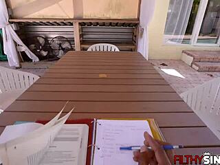 Stepsister Jenna Fireworks rides stepbrother's big black cock deep. Pussy and asshole pounded hard!