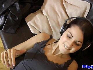 Debutante eurobabe strips and sucks cock in stockings