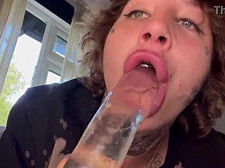 Tatted girl gives rough blowjob until she cries