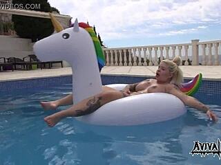 Aviva is a hot girl with big natural boobs and she masturbates on a mattress.