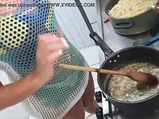 Hot milf Sarah Pink’s sexy kitchen scene on a mattress