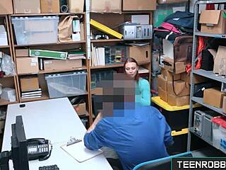 hottie redhead thief gets punished by swallowing in office