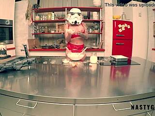 Blonde milf in stormtrooper cosplay feels overwhelming pleasure while squirting in kitchen