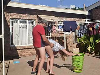 Outdoor fun while taking off the laundry with some wild action.