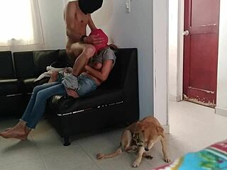 My stepsister puts on the mask and milks me in the living room