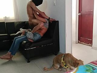 My stepsister puts on the mask and milks me in the living room