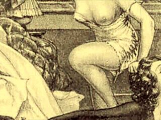 Vintage erotic illustration in retro cartoon anime hentai style.