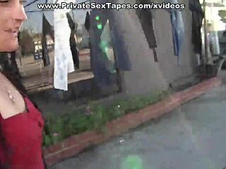 The sexy brunette girlfriend gets a merciless doggy fuck outdoors before the camera