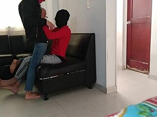 My stepsister puts on the mask and milks me in the living room