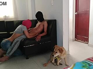 My stepsister puts on the mask and milks me in the living room