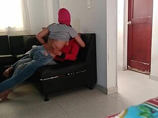 My stepsister puts on the mask and milks me in the living room