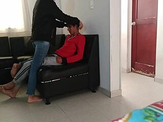 My stepsister puts on the mask and milks me in the living room