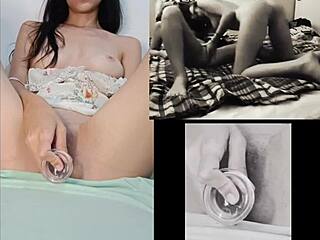 Teen babe masturbates while watching sexy lesbian sex!