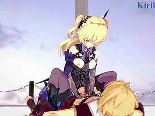 Amber og Fischl blir ville med Aether i Genshin Impact hentai