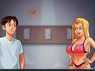 There is a hot beach scene in the Summertime saga where a girlfriend is gang banged by a group of friends