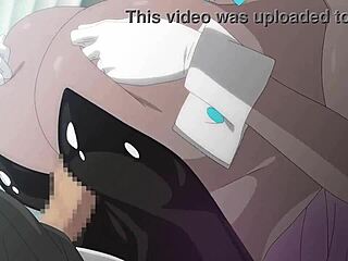 Animated girl with huge tits in an intimate scene.