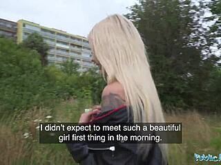 hot blonde in red dress sucks dick in public and gets fucked