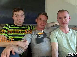 gay threesome on the couch