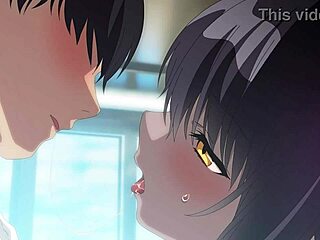 Animated girl with huge tits in an intimate scene.