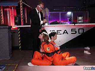 Busty Milfs Blowjob Horny Scientist in FFM Threesome