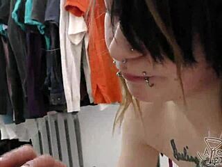 Goth girl's naughty backstage action with cum-covered tits