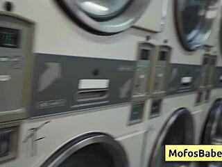 Petite Brunette Teen Sucks Cock In Laundromat.