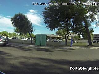 Redhead enjoys outdoor gloryhole with swallowing.