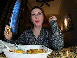 Close-ups of French toast and moaning while eating