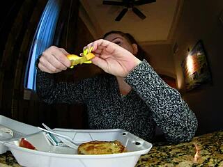 Close-ups of French toast and moaning while eating