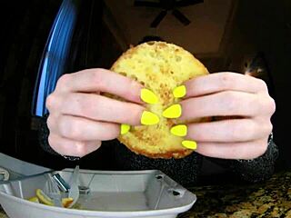 Close-ups of French toast and moaning while eating
