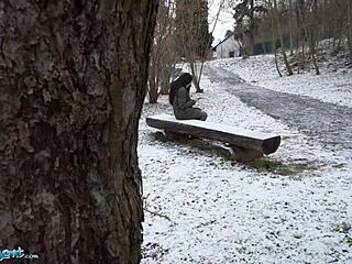 Spanish Brunette Flashes BIG TITS In Snow!