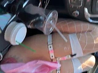 Huge Tits Flashed in Public Car, Nearly Caught by Police