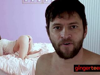 Tiny petite redhead talks to her stepfather casually