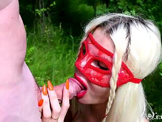 Close-up POV outdoor public blowjob with cum on food fetish