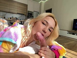 Asian babe joins him for a cozy movie night