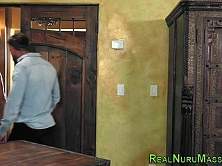 nuru covered milf masseuse gets pounded hard after slick handjob
