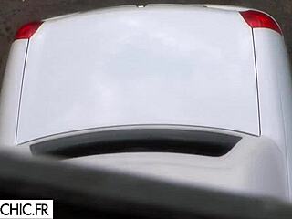 one blonde babe with small tits in lingerie, getting blowjob and handjob from two men while bent over for gangbang, cum on ass.