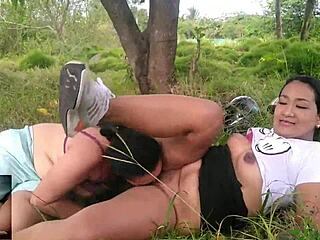 latina milf eats hairy pussy outdoor