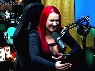 Ela bent over table teasing host with sexy moves. Bia Ruiva podcast full on Red Sheer!