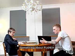 Sexy mature teacher seduces student in class