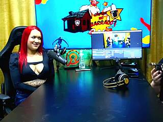 Ela bent over table teasing host with sexy moves. Bia Ruiva podcast full on Red Sheer!