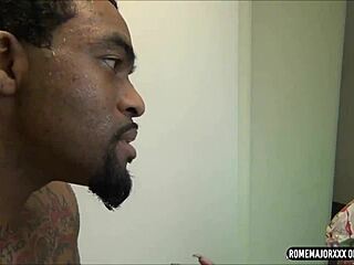 envy star, the tattooed brunette, roughly teases and drains rome major's black cock in wet blowjob session