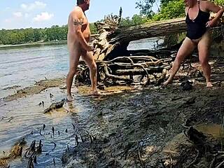 thick wife fucked missionary in mud on nature walk creampie