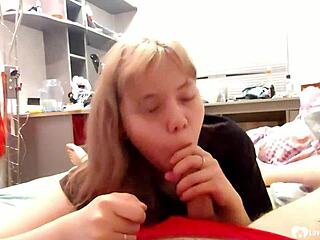 Blonde teen deepthroats cock with feet and handjob