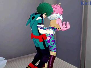 mina ashido and momo yaoyorozu with izuku midoriya in my hero academia hentai